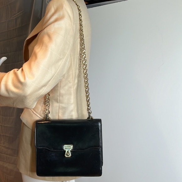 Gucci 1970’s Structured Black Leather Handbag on 18” Chain - Picture 2 of 16